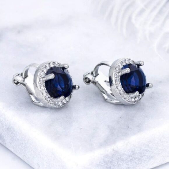 8mm Simulated Sapphire Clip On Stud Earrings - Picture 2 of 7